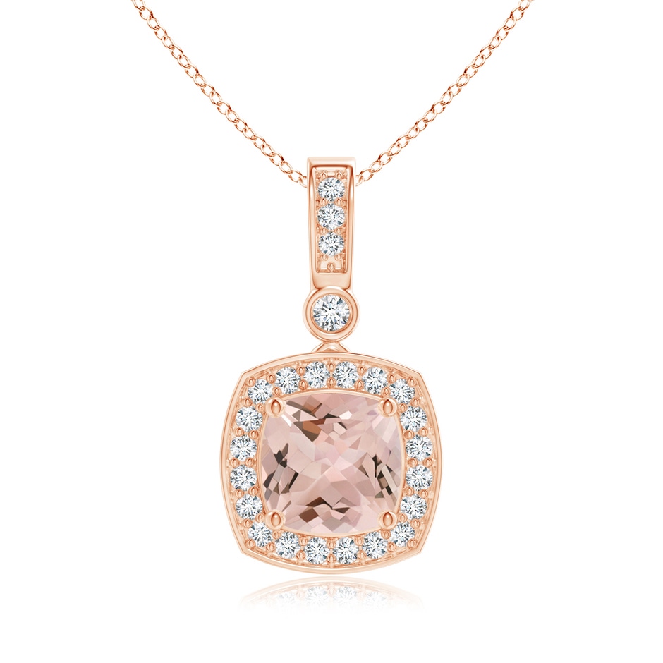 6mm AA Cushion Morganite Pendant with Diamond Halo in Rose Gold 