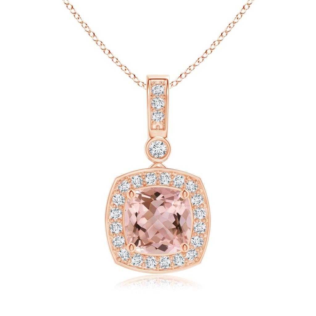 6mm AAAA Cushion Morganite Pendant with Diamond Halo in Rose Gold 