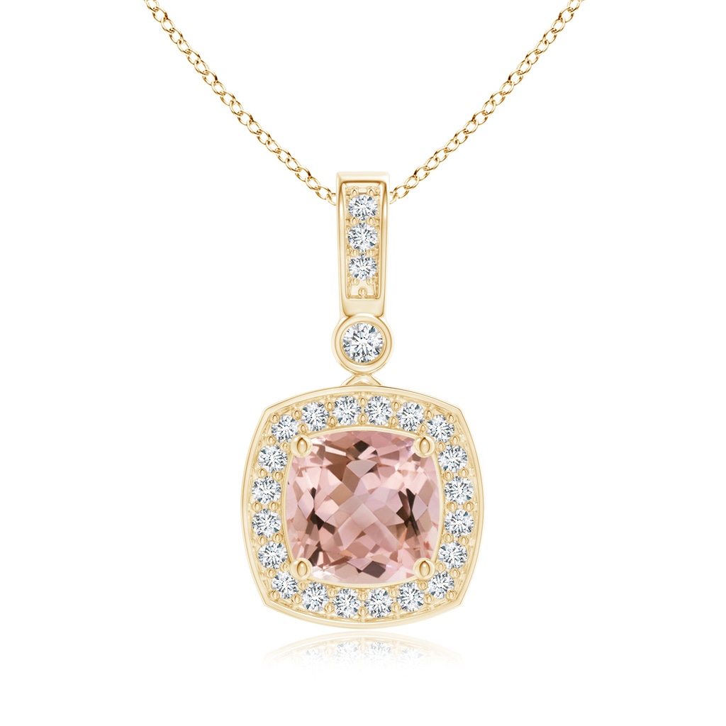 6mm AAAA Cushion Morganite Pendant with Diamond Halo in Yellow Gold