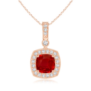 6mm AAA Cushion Ruby Pendant with Diamond Halo in Rose Gold