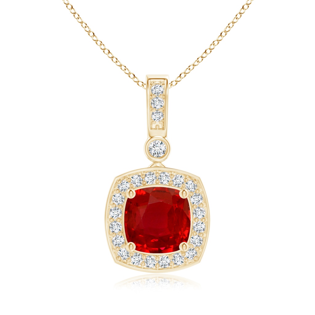 6mm AAA Cushion Ruby Pendant with Diamond Halo in Yellow Gold