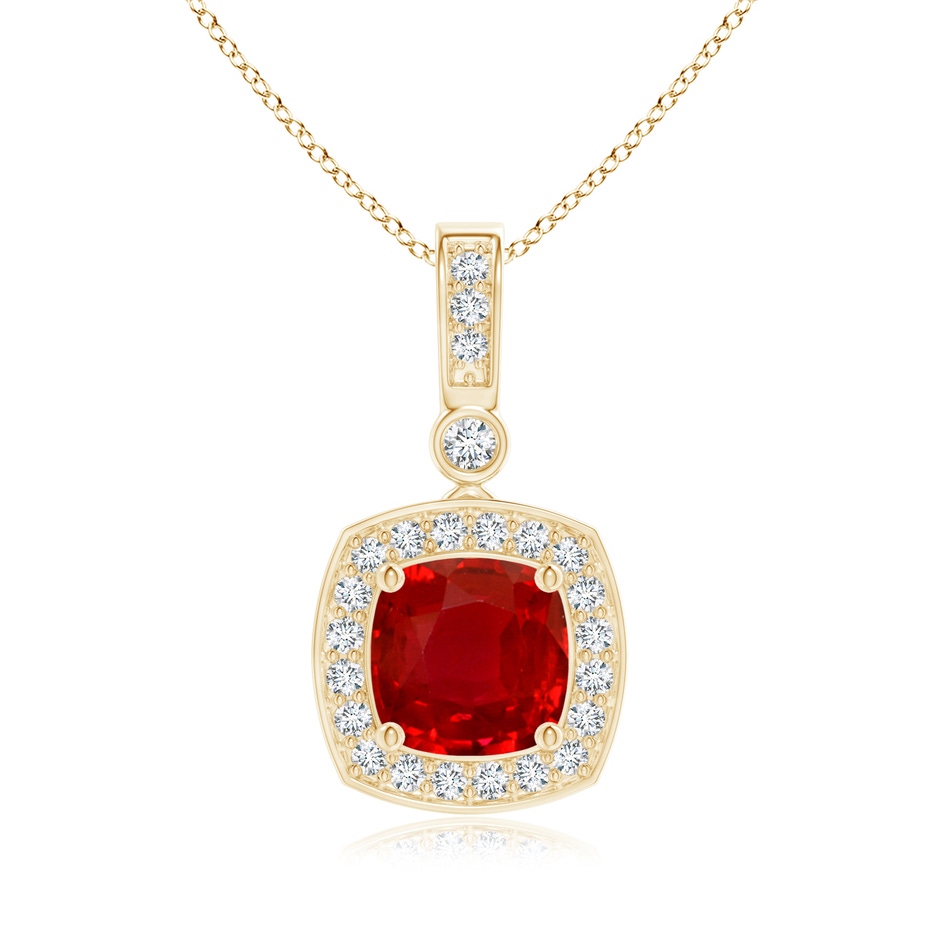 6mm AAA Cushion Ruby Pendant with Diamond Halo in Yellow Gold 