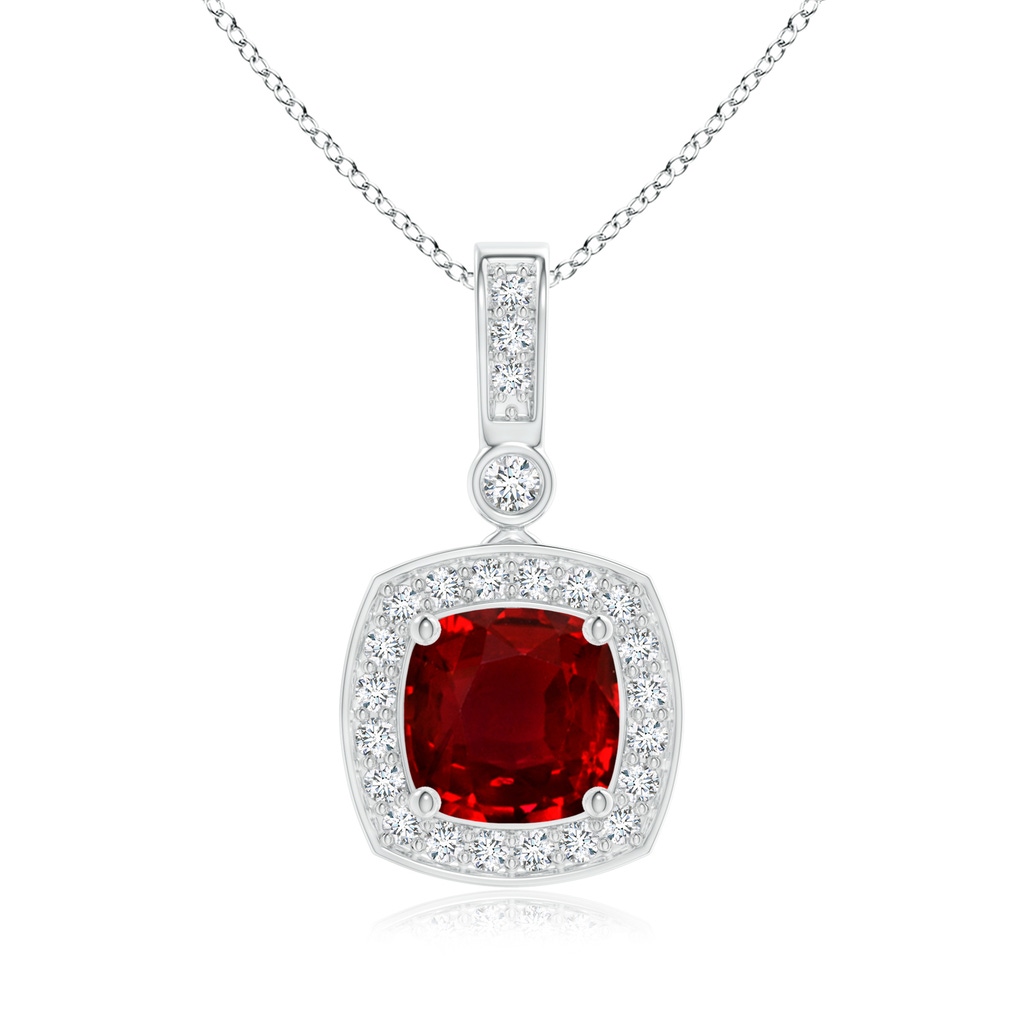 6mm Lab-Grown Cushion Ruby Pendant with Diamond Halo in White Gold