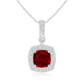 6mm AAAA Cushion Ruby Pendant with Diamond Halo in White Gold
