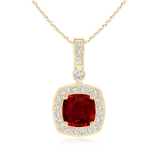 6mm AAAA Cushion Ruby Pendant with Diamond Halo in Yellow Gold