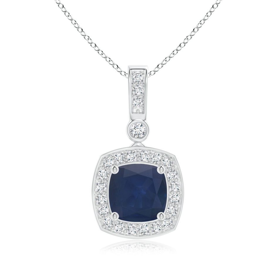 6mm A Cushion Sapphire Pendant with Diamond Halo in White Gold 