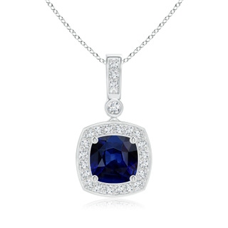 6mm AAA Cushion Sapphire Pendant with Diamond Halo in White Gold