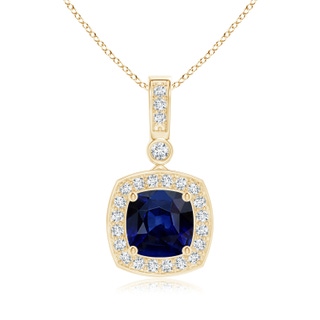 6mm AAA Cushion Sapphire Pendant with Diamond Halo in Yellow Gold