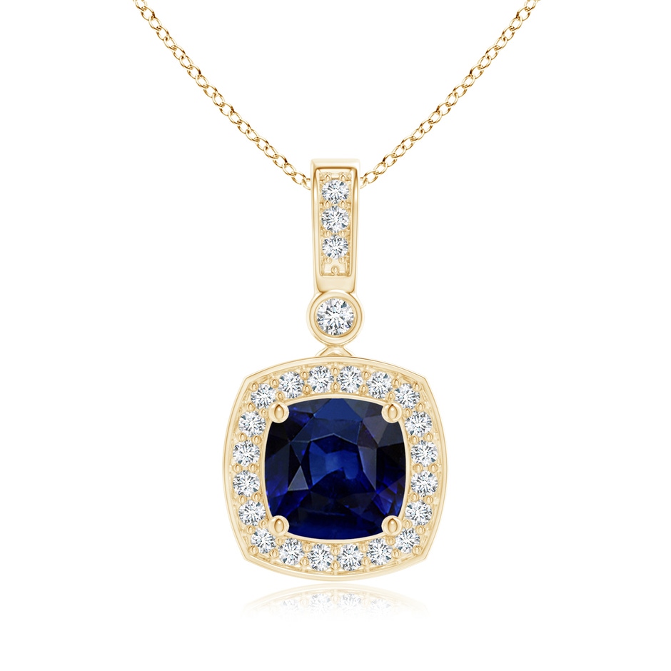 6mm AAA Cushion Sapphire Pendant with Diamond Halo in Yellow Gold 