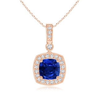 6mm AAAA Cushion Sapphire Pendant with Diamond Halo in Rose Gold