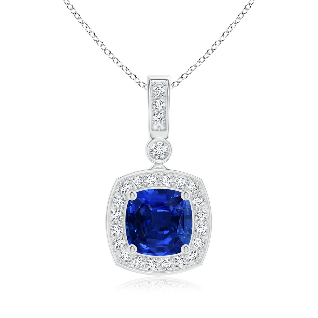 6mm Lab-Grown Cushion Sapphire Pendant with Diamond Halo in White Gold