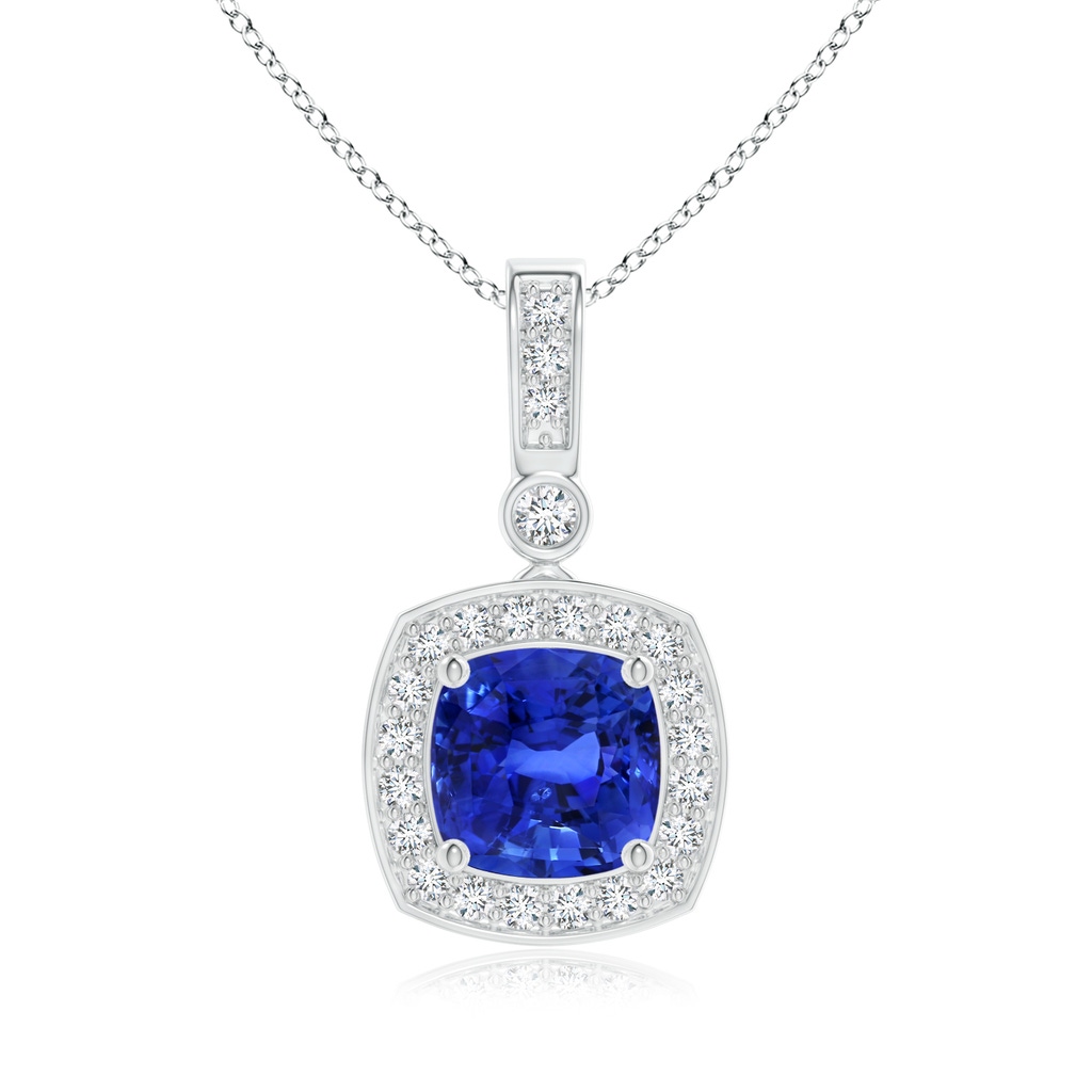 9.87x9.78x7.59mm AAA GIA Certified Cushion Blue Sapphire Pendant with Diamond Halo in White Gold