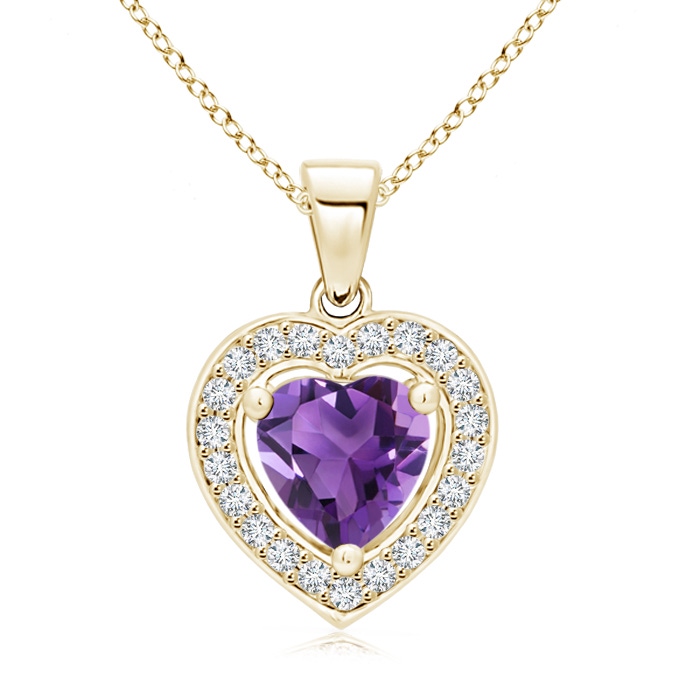 6mm AAA Floating Amethyst Heart Pendant with Diamond Halo in Yellow Gold 