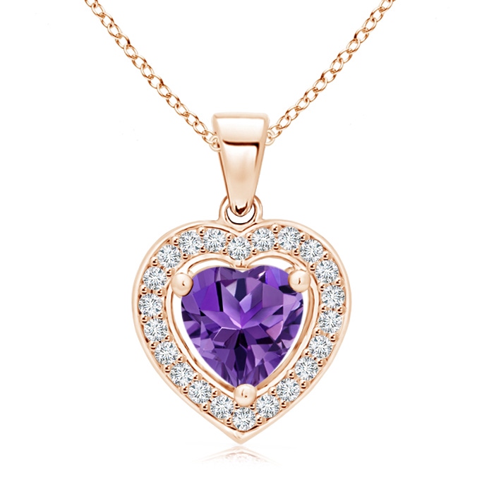 6mm AAAA Floating Amethyst Heart Pendant with Diamond Halo in Rose Gold