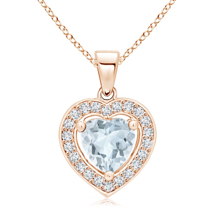 6mm A Floating Aquamarine Heart Pendant with Diamond Halo in Rose Gold 