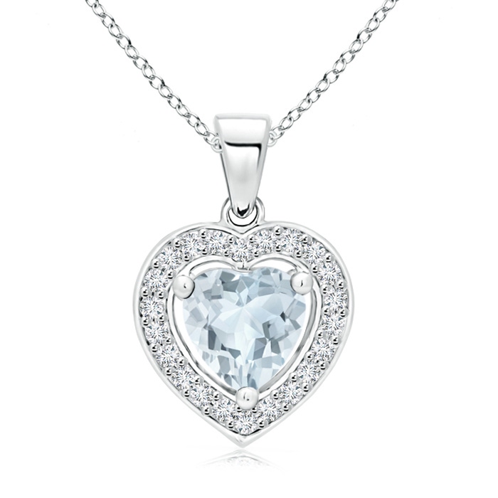 6mm A Floating Aquamarine Heart Pendant with Diamond Halo in White Gold 