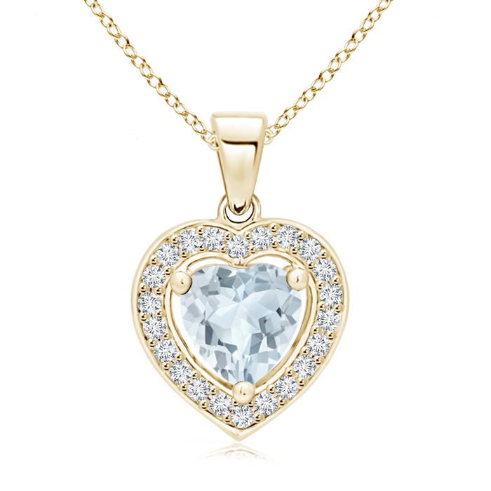 6mm A Floating Aquamarine Heart Pendant with Diamond Halo in Yellow Gold 