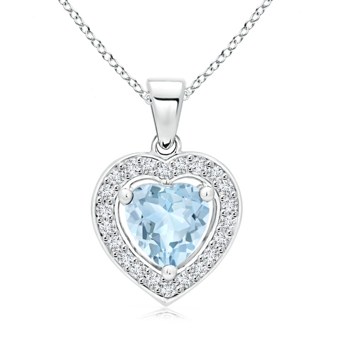 6mm AA Floating Aquamarine Heart Pendant with Diamond Halo in White Gold 