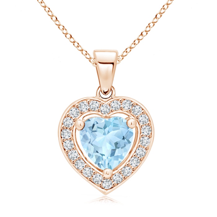 6mm AAA Floating Aquamarine Heart Pendant with Diamond Halo in Rose Gold 