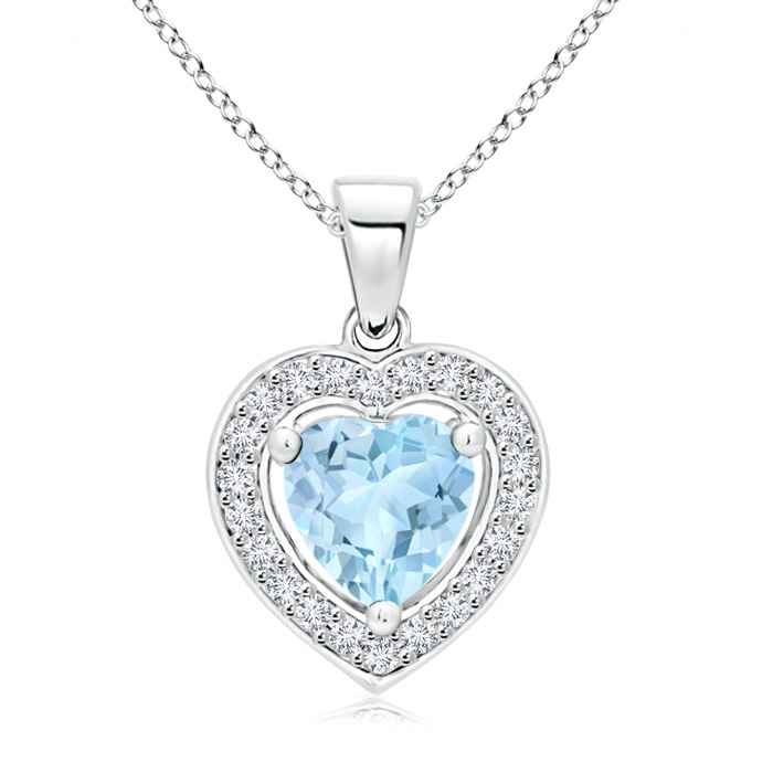6mm AAA Floating Aquamarine Heart Pendant with Diamond Halo in White Gold 