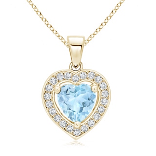 6mm AAA Floating Aquamarine Heart Pendant with Diamond Halo in Yellow Gold