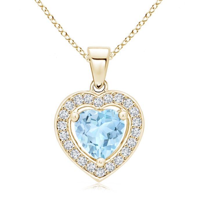 6mm AAA Floating Aquamarine Heart Pendant with Diamond Halo in Yellow Gold 