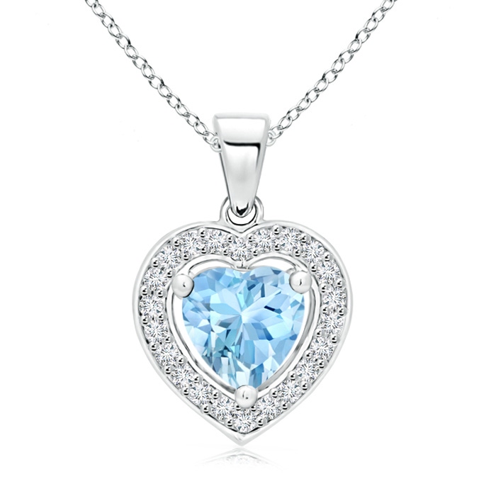 6mm AAAA Floating Aquamarine Heart Pendant with Diamond Halo in P950 Platinum