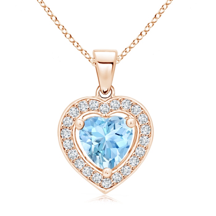 6mm AAAA Floating Aquamarine Heart Pendant with Diamond Halo in Rose Gold