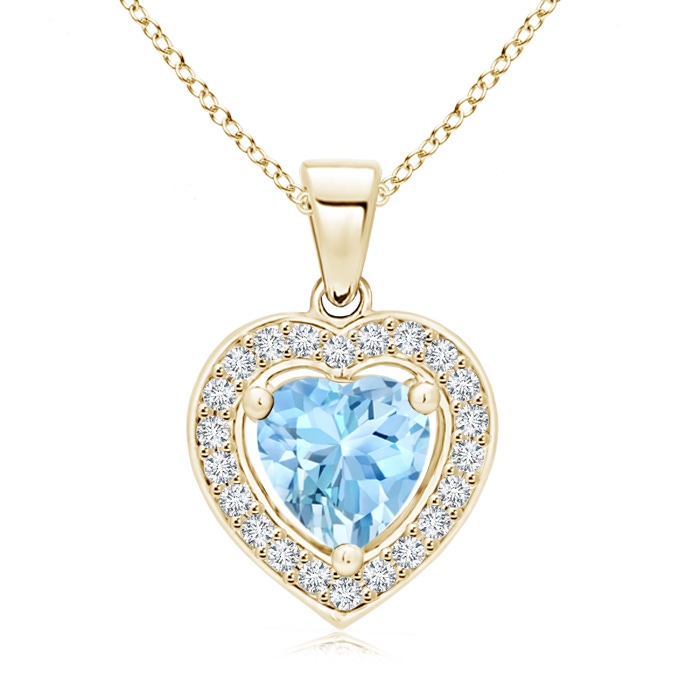 6mm AAAA Floating Aquamarine Heart Pendant with Diamond Halo in Yellow Gold 