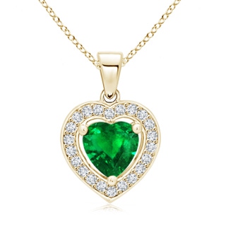 6mm AAAA Floating Emerald Heart Pendant with Diamond Halo in Yellow Gold