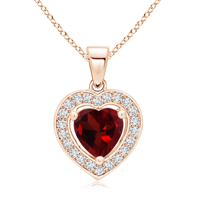 6mm AAA Floating Garnet Heart Pendant with Diamond Halo in 9K Rose Gold 