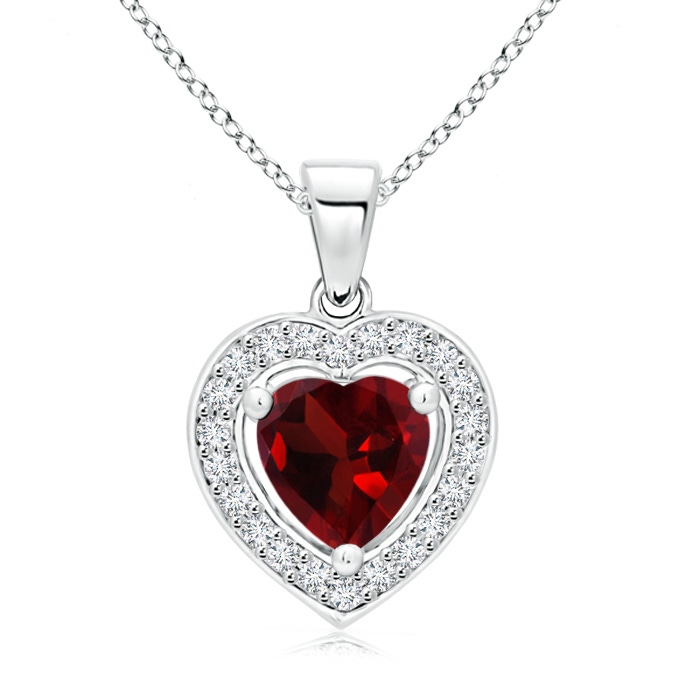 6mm AAA Floating Garnet Heart Pendant with Diamond Halo in White Gold 