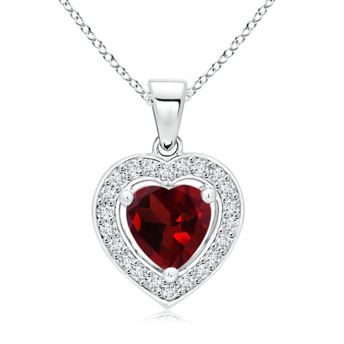 6mm AAA Floating Garnet Heart Pendant with Diamond Halo in White Gold