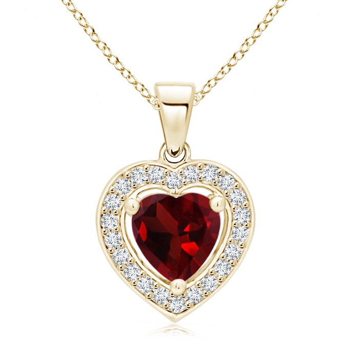 6mm AAA Floating Garnet Heart Pendant with Diamond Halo in Yellow Gold 