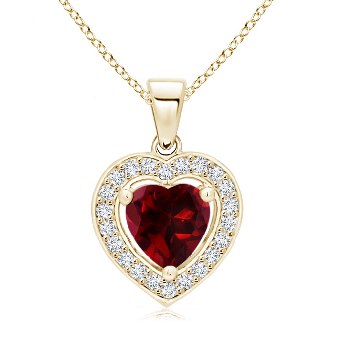 6mm AAAA Floating Garnet Heart Pendant with Diamond Halo in Yellow Gold