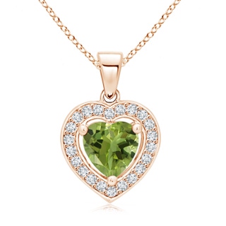 6mm AA Floating Peridot Heart Pendant with Diamond Halo in Rose Gold