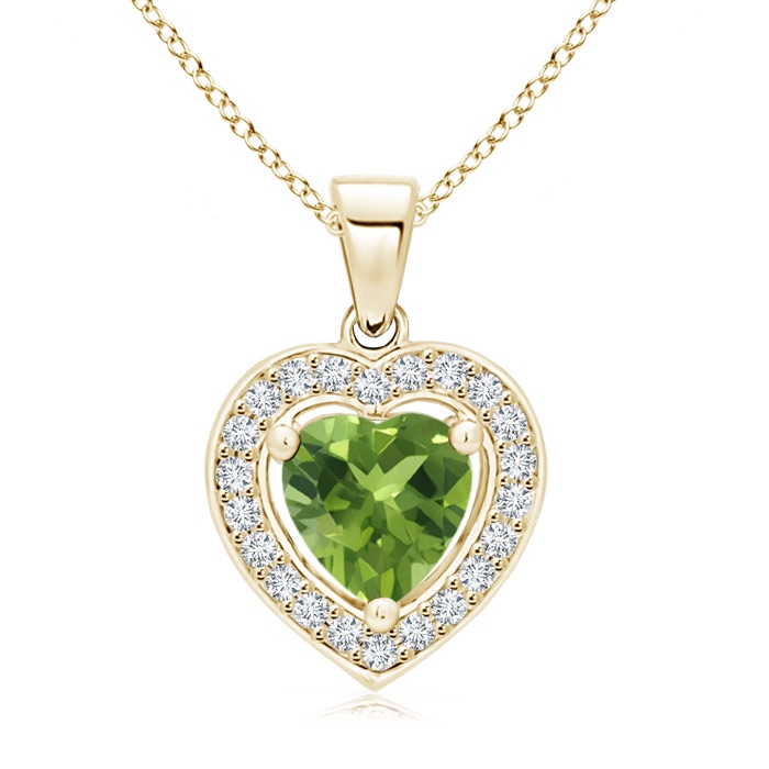 6mm AAA Floating Peridot Heart Pendant with Diamond Halo in Yellow Gold 