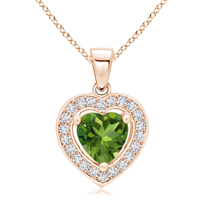 6mm AAAA Floating Peridot Heart Pendant with Diamond Halo in Rose Gold