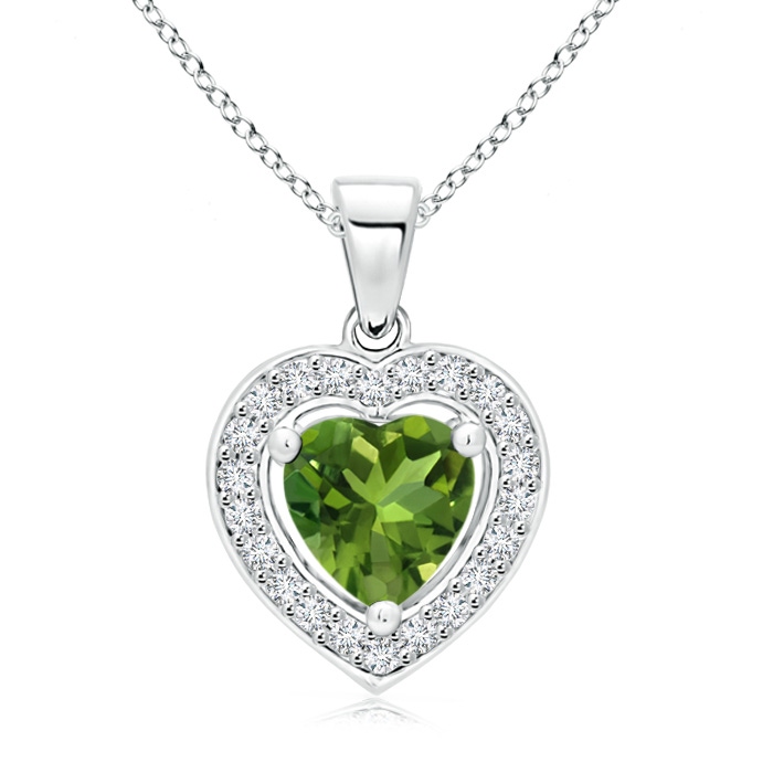 6mm AAAA Floating Peridot Heart Pendant with Diamond Halo in White Gold
