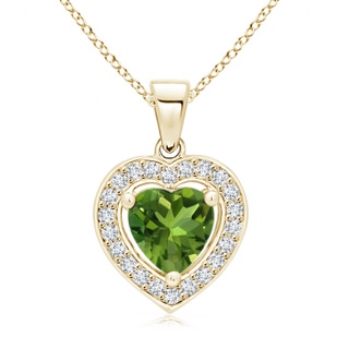 6mm AAAA Floating Peridot Heart Pendant with Diamond Halo in Yellow Gold