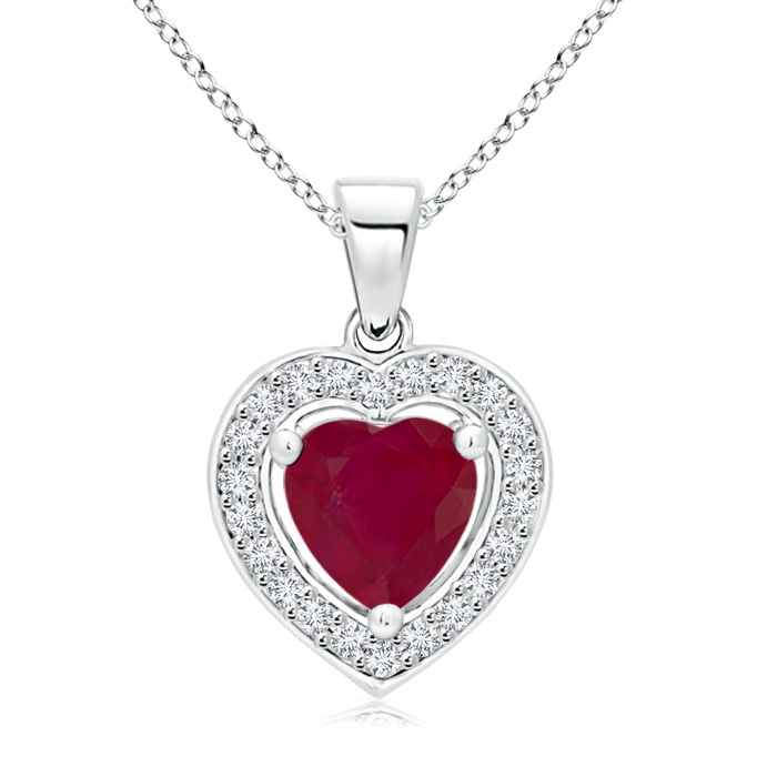 6mm A Floating Ruby Heart Pendant with Diamond Halo in White Gold 