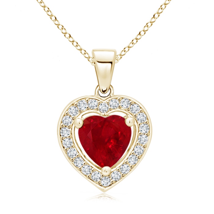 6mm AAA Floating Ruby Heart Pendant with Diamond Halo in Yellow Gold