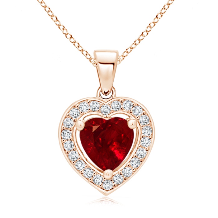 6mm AAAA Floating Ruby Heart Pendant with Diamond Halo in Rose Gold