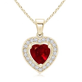 6mm AAAA Floating Ruby Heart Pendant with Diamond Halo in Yellow Gold