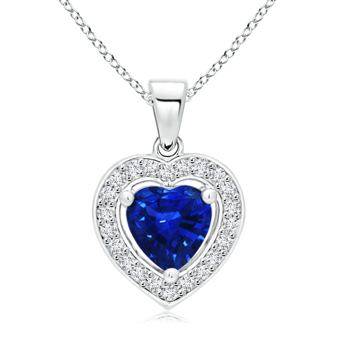 6mm AAAA Floating Sapphire Heart Pendant with Diamond Halo in White Gold