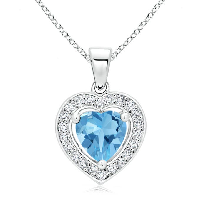 6mm AA Floating Swiss Blue Topaz Heart Pendant with Diamond Halo in P950 Platinum