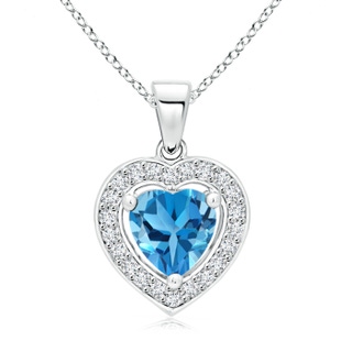 6mm AAA Floating Swiss Blue Topaz Heart Pendant with Diamond Halo in White Gold