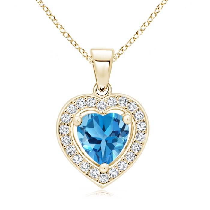 6mm AAA Floating Swiss Blue Topaz Heart Pendant with Diamond Halo in Yellow Gold