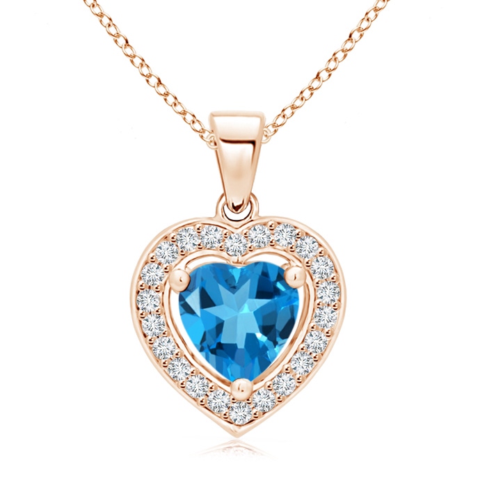 6mm AAAA Floating Swiss Blue Topaz Heart Pendant with Diamond Halo in Rose Gold 