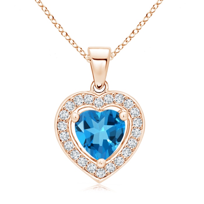 6mm AAAA Floating Swiss Blue Topaz Heart Pendant with Diamond Halo in Rose Gold